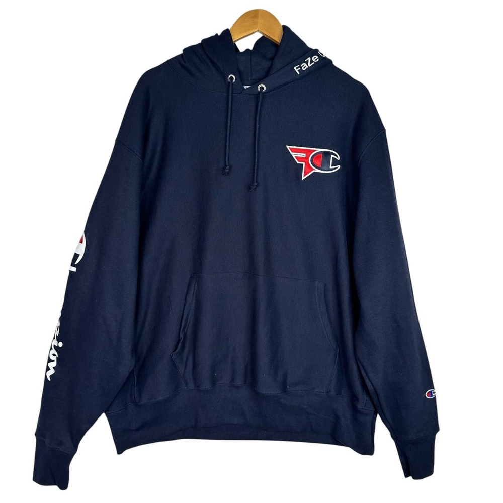 FaZe Clan x Champion Reverse Weave Hoodie Men XL Navy Embroidered Logo Pullover